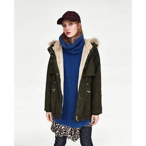 Zara Trafaluc Womens Khaki Parka Jacket Faux Fur Hooded Lined Coat Size S 7909
